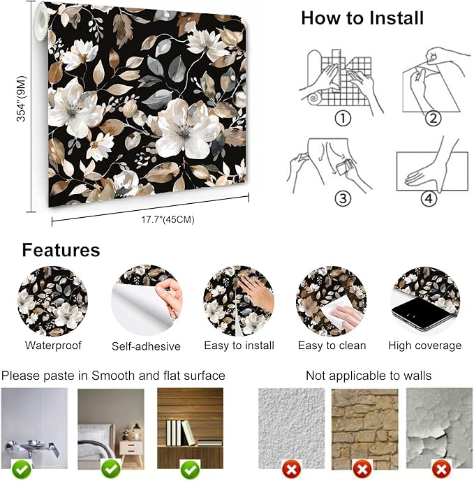 Vintage Dark Black Floral Peel and Stick Wallpaper Modern Botanical Flower Waterproof Removable Self Adhesive Vinyl Contact Wall Paper for Farmhouse Bathroom 17.7" X 354" Roll