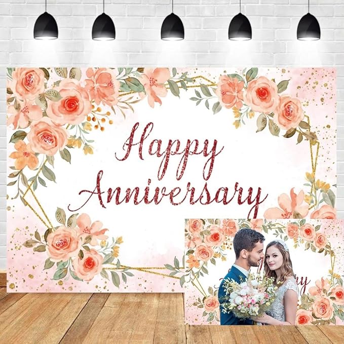 Leyiyi 10x8ft Happy Anniversary Backdrop Watercolor Pink Floral Rose Green Leaves Gold Dots Glitter Photography Background Cheers to Wedding Anniversary Bridal Shower Party Decorations Photo Props