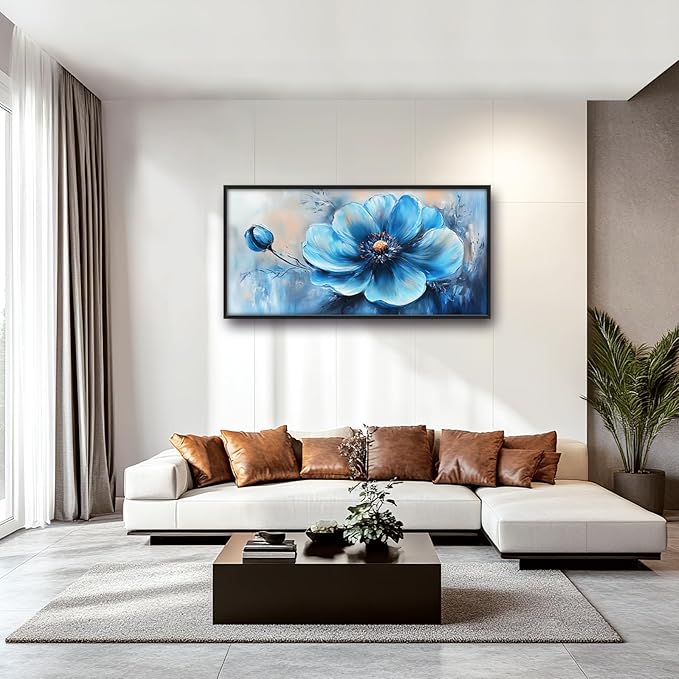Extra Large Abstract Blue Flower Framed Wall Art for Living Room,Oversized Elegant Floral Pictures Wall Decor,Canvas Print Painting Modern Artwork Bedroom Office Bathroom 60L x 30W
