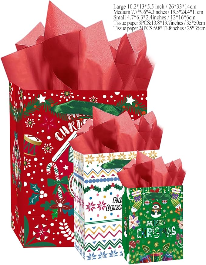 qiqee Christmas Gift Bags Assorted Variety Size Red Green Puppet Design Holiday Tissue Paper Bag Set of 10( 2PCS Large 5.5"x10.2"x13", 4PCS Medium 4.3"x 7.7"x 9.6", 4PCS Small 2.4"x 4.7"x 6.3", 30PCS Tissue Paper)