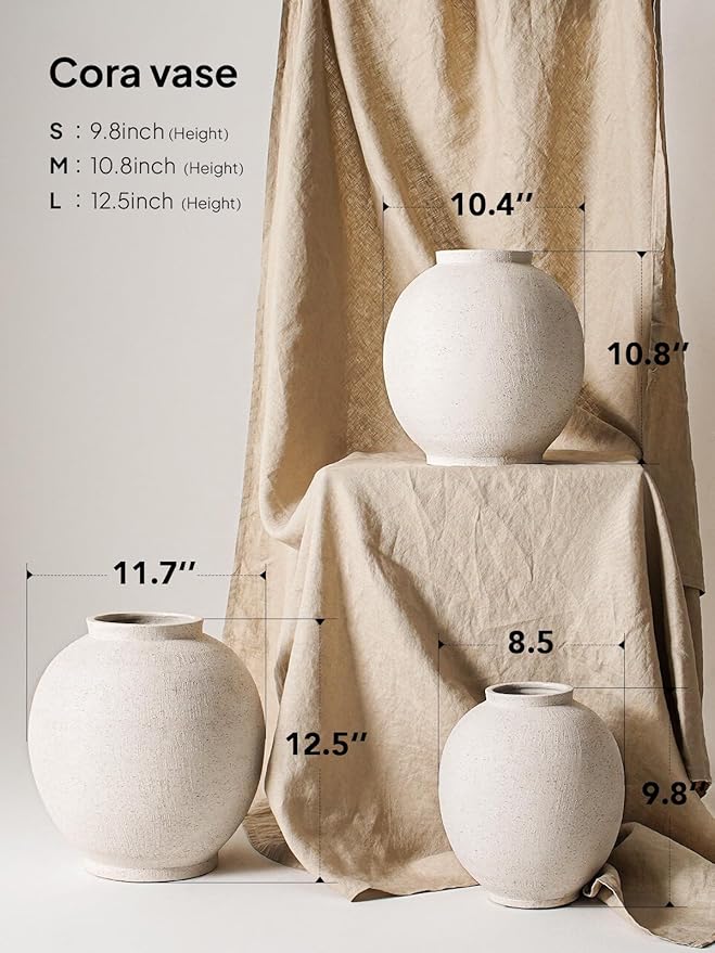 Large White Ceramic Vase - 9.8 Inch Rustic Farmhouse Vase for Home Decor, Minimalist Tall Vases for Living Room, Table, Bathroom, Holiday & Weddings (Sandstone White)