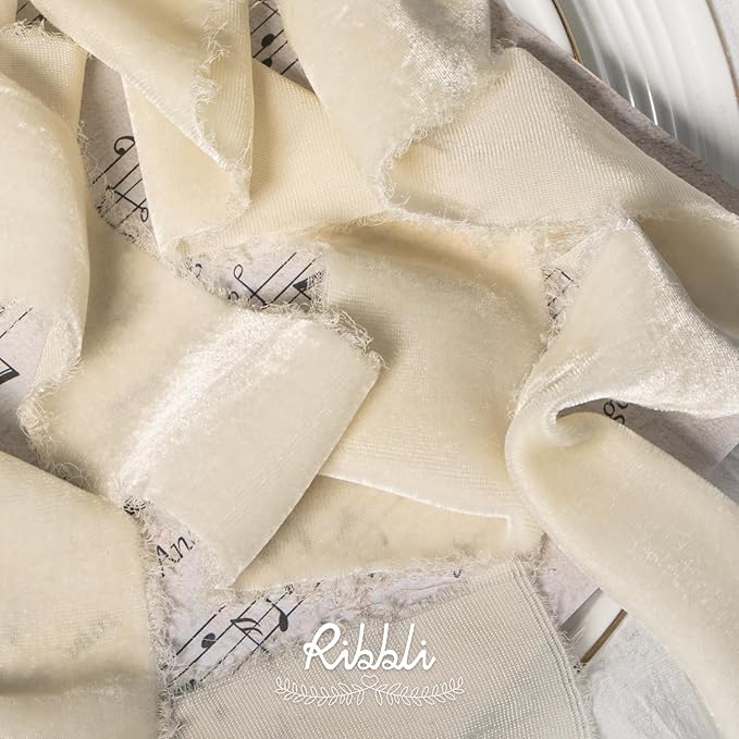 Ribbli Ivory Velvet Ribbon 2 Inch Handmade Frayed Vintage Christmas Ribbon for Gift Wrapping Christmas Tree Ornament Wreath Craft Home Decor -3 Yards