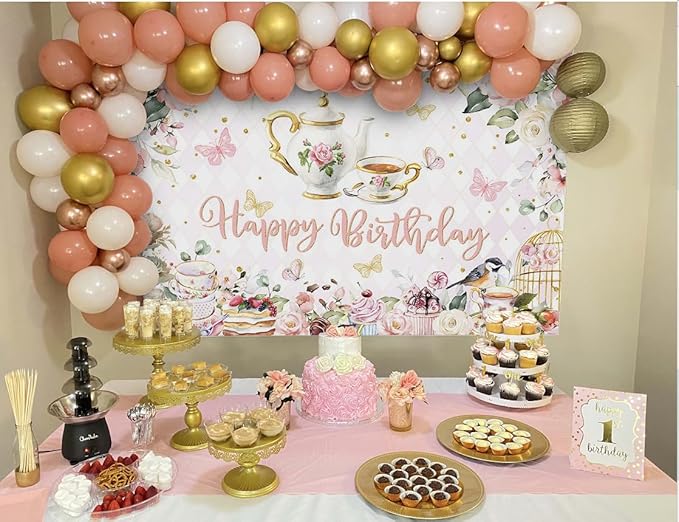 Mocsicka Tea Party Happy Birthday Backdrop Floral Princess Tea Birthday Party Decorations Kids Wonderland Let's Partea Dessert Caketable Banner Photo Booth (5x3ft)