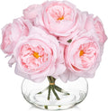 Hollyone Pink Roses Peonies Artificial Flowers with Glass Vase Silk David Austin Roses Faux Flowers Arrangements with Clear Faux Water in Vase Fake Peonies Rose Peony Floral Bulk Bouquet Home Decor