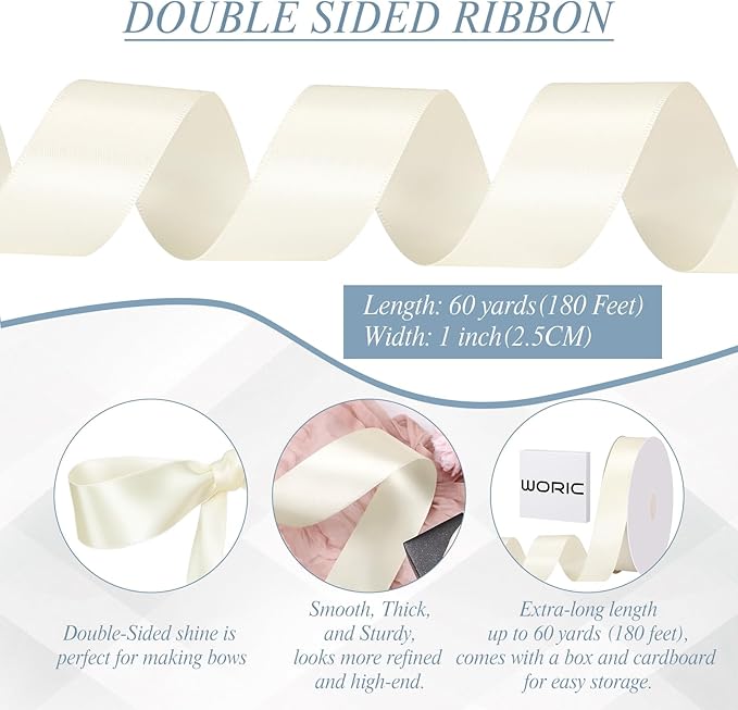 Double Faced Ivory Satin Ribbon 1 inch 60 Yards Cream Ribbon for Crafts Hair Bows Gift Wrapping Wedding Invitation Decorations