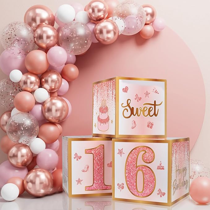 Sweet 16 Party Decorations,16th Birthday Boxes Decor for Girls Women Sweet Sixteen Happy Birthday Banner Kits Pink Rose Gold Foil Balloons Party Supplies Rose Gold Tassel Curtain