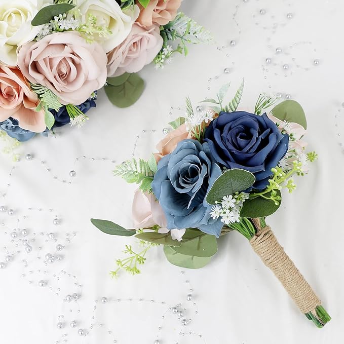 Set of 2 Bridesmaid Bouquets for Wedding - 7 Inch Artificial Flowers Bouquets for Ceremony Anniversary Centerpieces Decorations - Navy Blue and Dusty