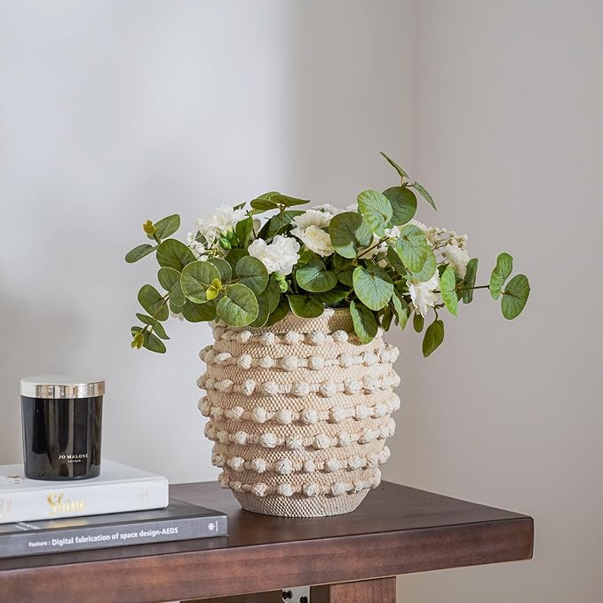 DN DECONATION Beige Rustic Farmhouse Vase, 8.2 Inch Textured Boho Vase for Home Decor, Cement Decorative Flower Vases with Rope Knots for Living Room, Table Centerpiece, Shelf, Mantel Decoration