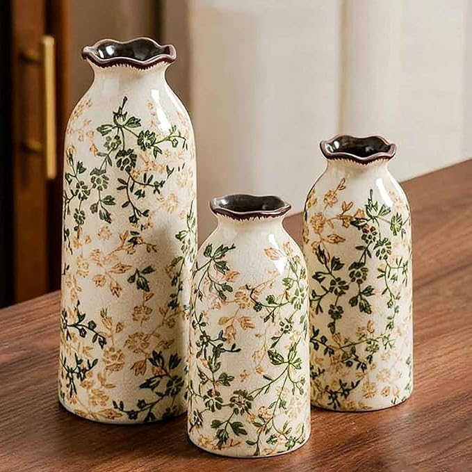 Ceramic Vase Set of 3, Vintage Green and Beige Vases Set for Home Decor, Chinoiserie Floral Decorative Vase for Living Room, Bookshelf, Office (5.9"+7.9"+9.8")