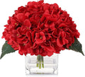 Faux Hydrangea Flowers in Vase, Silk Flowers in Vase with Fake Water for Home Decor Indoor (Red)