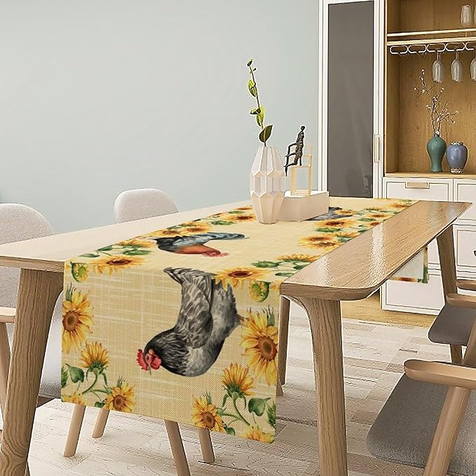 Rooster Sunflower Table Runner Vintage Farm Chicken Flower Dinner Runner for Country Farmhouse Home Kitchen Dinner Table Party Decoration 13x108in