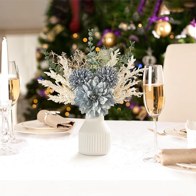 Mkono Small Artificial Flowers in Ceramic Vase 13.5" Centerpieces Coffee Table Decor, Silk Flower Arrangements for Home Decor Indoor Fake Flower Bouquet for Bathroom Dining Room Kitchen Wedding Blue