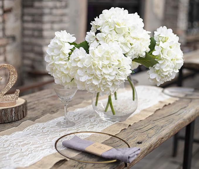 Kimura's Cabin 6pcs Faux White Hydrangeas Fake Flowers Artificial Silk Hydrangea Flower With Stems Bouquets Arrangement for Home Table Centerpieces Wedding Baby Shower Birthday Party Decoration(White)