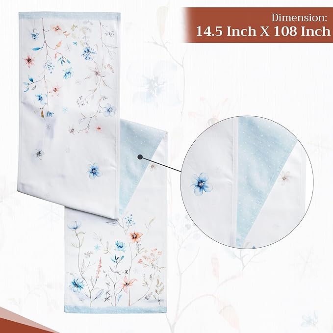 Maison d' Hermine Table Runner 100% Cotton Double Layer Table Runners 108 inches Long for Thanksgiving Christmas Decorations Home Kitchen Dining Party Wedding (Ice Florals, 14.5" x 108")