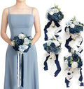 Ling's Moment Artificial Flowers Dusty Blue & Navy Blue Bridesmaid Bouquet Set of 4, Wedding Flowers Bouquets for Bridesmaids, 7 Inch Bridal Bouquets for Bridesmaids, Wedding Decor, Ceremony, etc