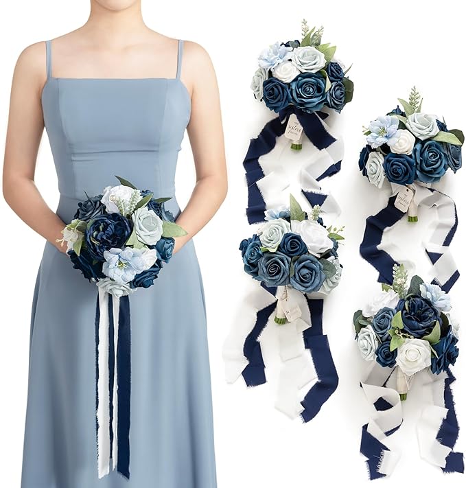 Ling's Moment Artificial Flowers Dusty Blue & Navy Blue Bridesmaid Bouquet Set of 4, Wedding Flowers Bouquets for Bridesmaids, 7 Inch Bridal Bouquets for Bridesmaids, Wedding Decor, Ceremony, etc