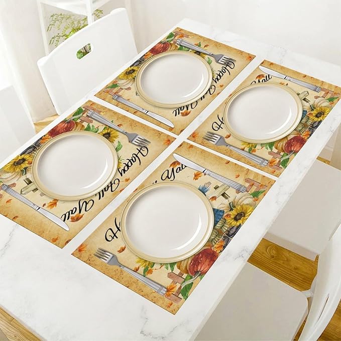 Autumn Scarecrow Placemats Farmhouse Rustic Vintage Brown Sunflower Pumpkin Flower Maple Thanksgiving Placemats Table Kitchen Dining Party 12x18 Inch Set of 6