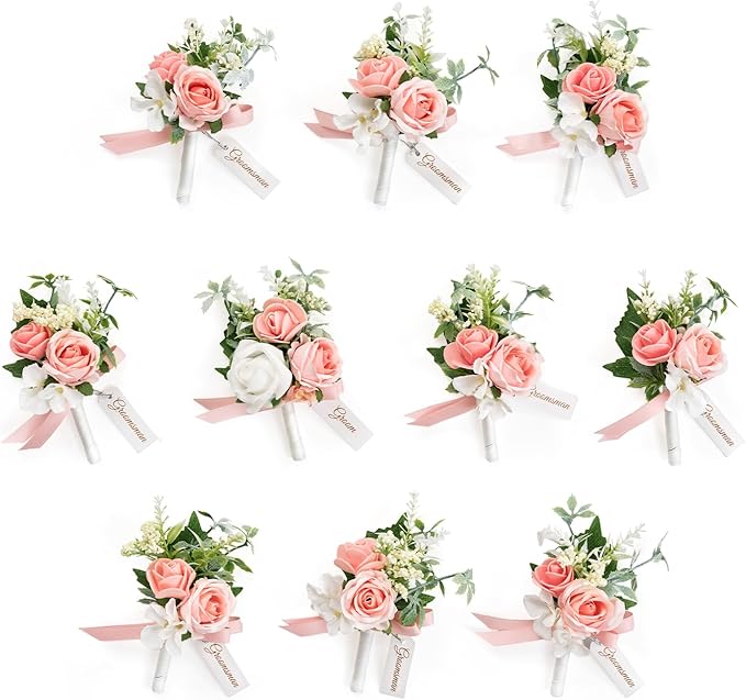 TINGE TIME Boutonniere for Men Wedding,Groom and Best Man Boutonniere for Wedding Ceremony Anniversary, Formal Dinner Party and Rustic Spring Wedding Marriage (10, PeachPink&White)