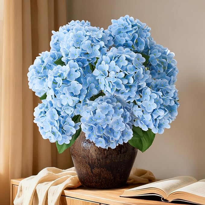 A Bunch 21in， Real Touch Hydrangea Artificial Flowers， with 10pcs Flower Head 20pcs Leaves， Faux Hydrangea Flowers for Home Office Decor Wedding Party Arrangements (2, Blue)