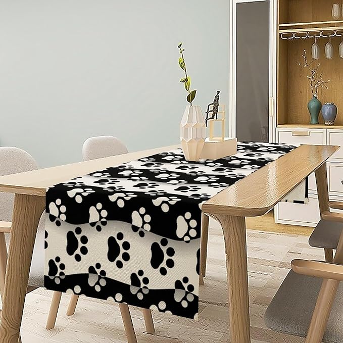 Dog Paw Table Runner,Kid Cute Animal Footprint Black White Theme Design Print Tablecloth Burlap for Hotel Indoors Outdoor Dining Room Kitchen Home Decor,W13X L108 in