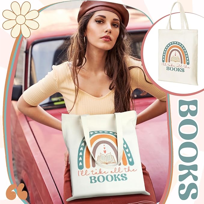 Sweetude 8 Pcs Christmas Book Lovers Club Gifts Bulk Canvas Tote Bags Bookish Librarian Reader Gift for Women Teacher Present(Retro)