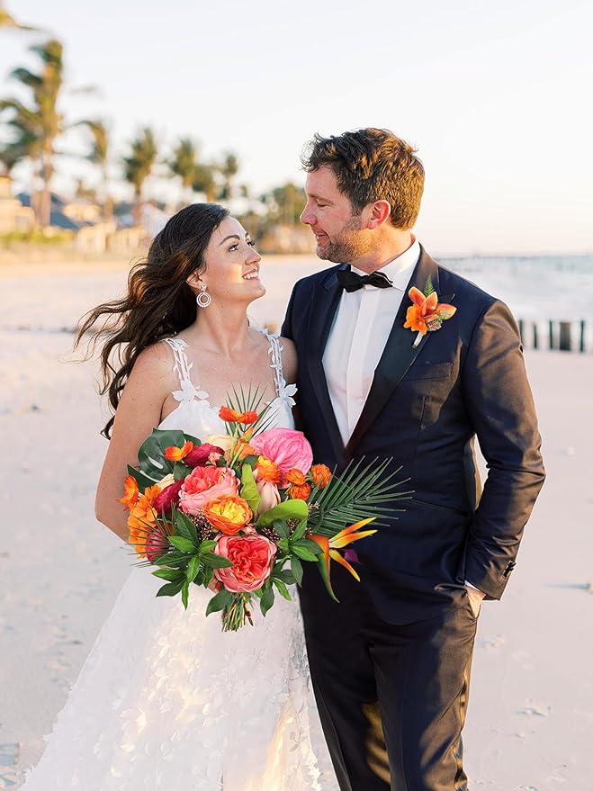 Rinlong 14.5" Wide Tropical Wedding Bouquets for Bride Orange Hot Pink Bridal Bouquet for Wedding Artificial Flowers Bouquets Beach Wedd