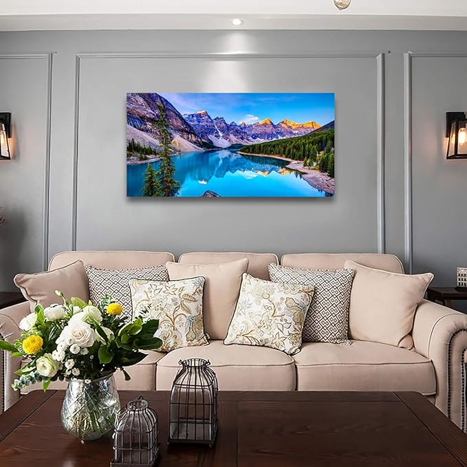 Wall Art Lake Mountain Landscape Picture Print Canvas Wall Art for Living Room Bedroom, Modern Giclee Artwork Home Decor Stretched and Framed Ready to Hang, Waterproof Artwork -24x48inches