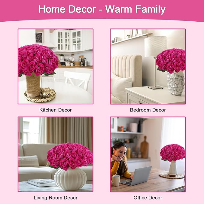 50Pcs Fuchsia Roses Artificial Flowers Fake Roses Faux Velvet Silk Flower for Home Wedding Decoration (Pearl Rose, Fuchsia)