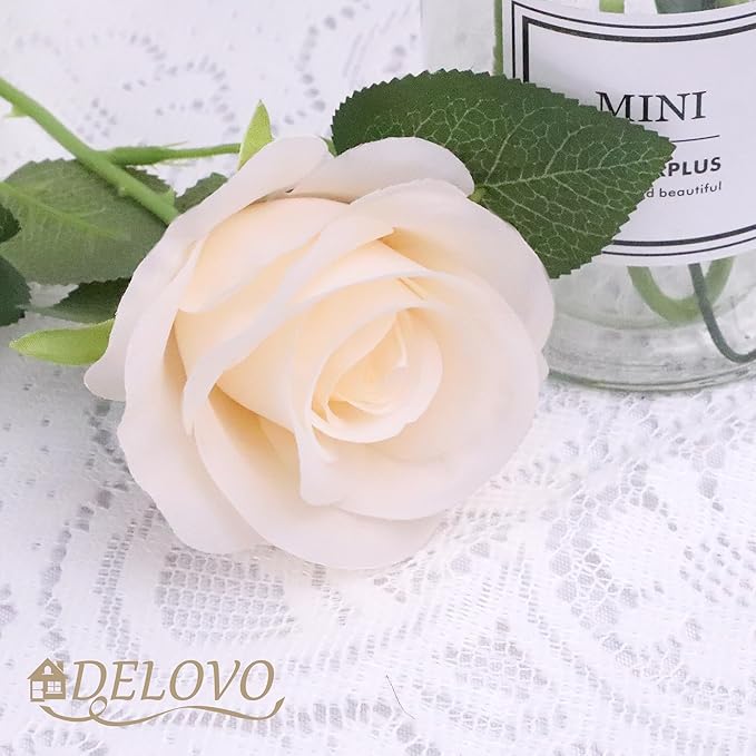 52pcs Champagne Roses Artificial Flowers Fake Flowers Silk Roses with Stems for DIY Wedding Bouquets Bridal Shower Centerpieces Arrangements Party Decorations
