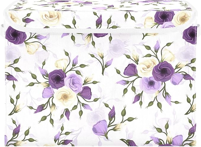 Flower Baskets Collapsible Storage Bins with Lids, Purple Green Rose Flower Storage Boxes Clothes Baskets for Organizing