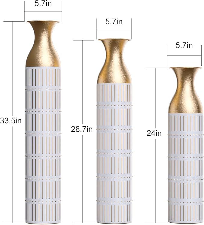 Tall Floor Vase Set of 3 - Large Vintage Modern Oversized Metal Vases for Decor Living Room, Gold Decorative for Corner Hallway
