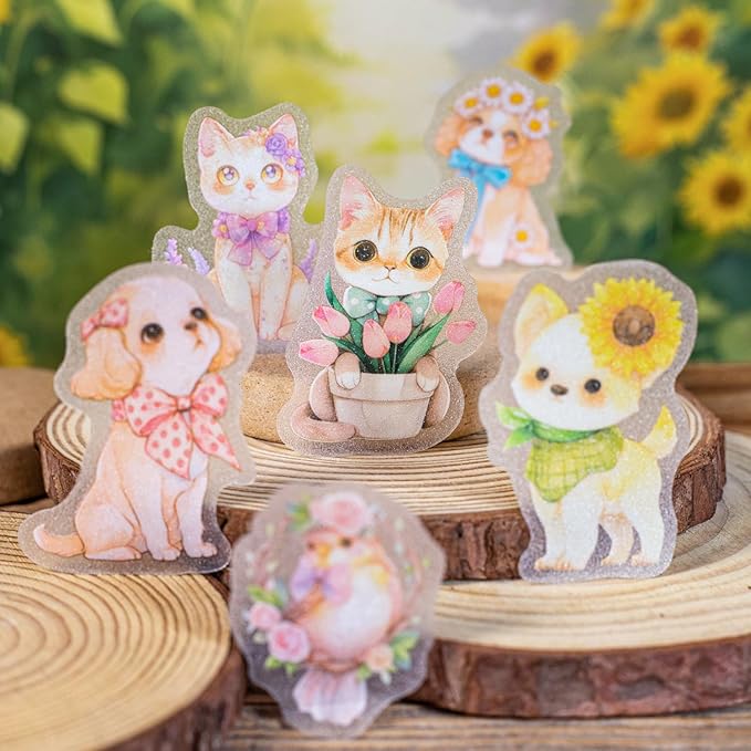 TIAMECH Cute Stories PET Stickers - 60 Pcs Daisy Rose Flower & Hairy Girl Design, Waterproof Sticker for Journaling & Scrapbooking, Junk Journal Supplies, Ephemera & DIY Crafts