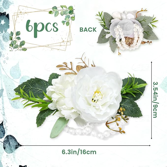 Corsage Wristlet Band Artificial Rose Flowers - 2 Pack Wedding Bridal Flower Corsage Hand Decor