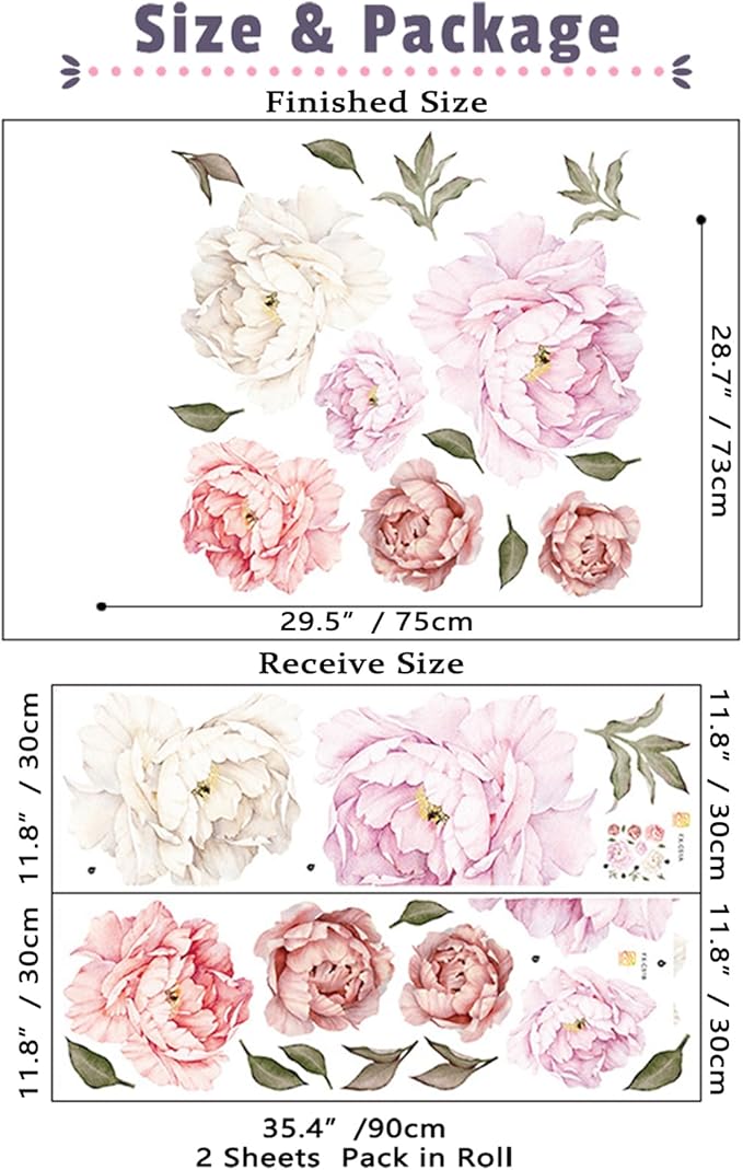 Watercolor Peony Flowers Wall Decals Floral Wall Stickers for Living Room, Delicate White & Pink Flowers Wall Posters Vinyl Blossom Art Applique for Bedroom Girls Room