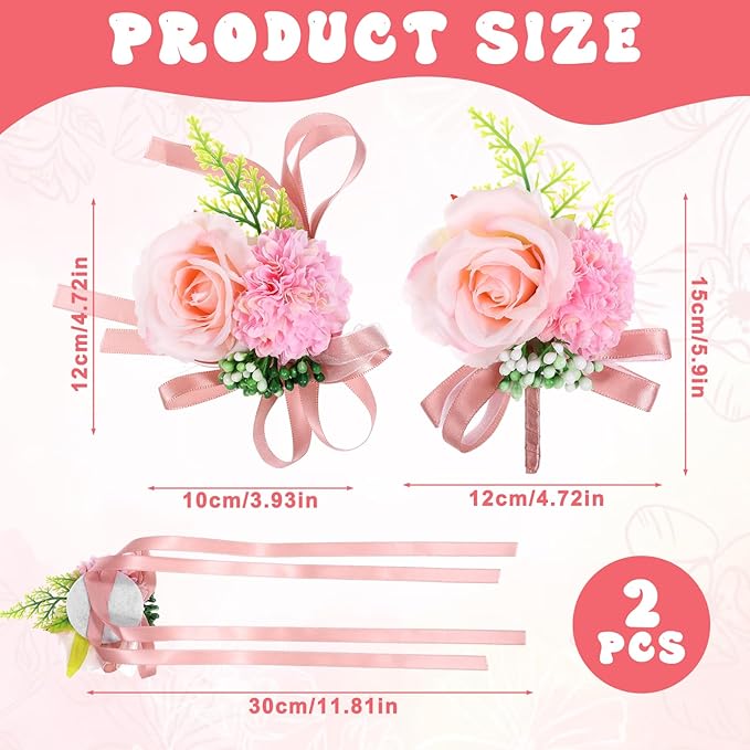 Corsage and Boutonniere Set, Artificial Corsage Wristlet and Boutonniere for Wedding Flowers Accessories (Pink, 2PCS)