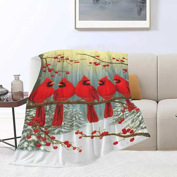 Cardinal Throw Blanket Red Bird Blanket Cardinal Soft Cozy Fleece Fuzzy Stuffed Plush Flannel Gifts for Girls Women Boys Kids Adults 50"X60"