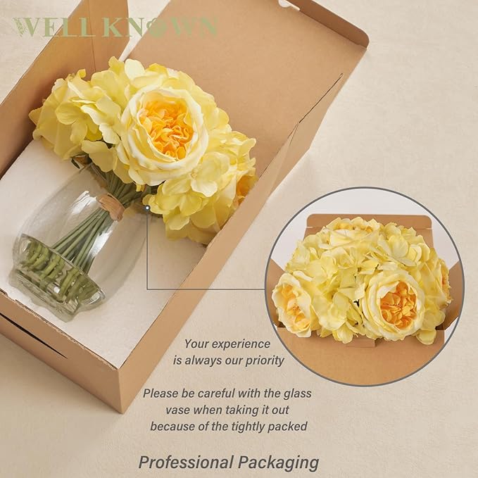 Artificial Flowers in Vase, Silk Austin Rose & Hydrangea Yellow Flowers with Fake Water, Real Touch Fake Flower Arrangements for Home Hotel Office Wedding Dinning Table Centerpiece Decor & Gift