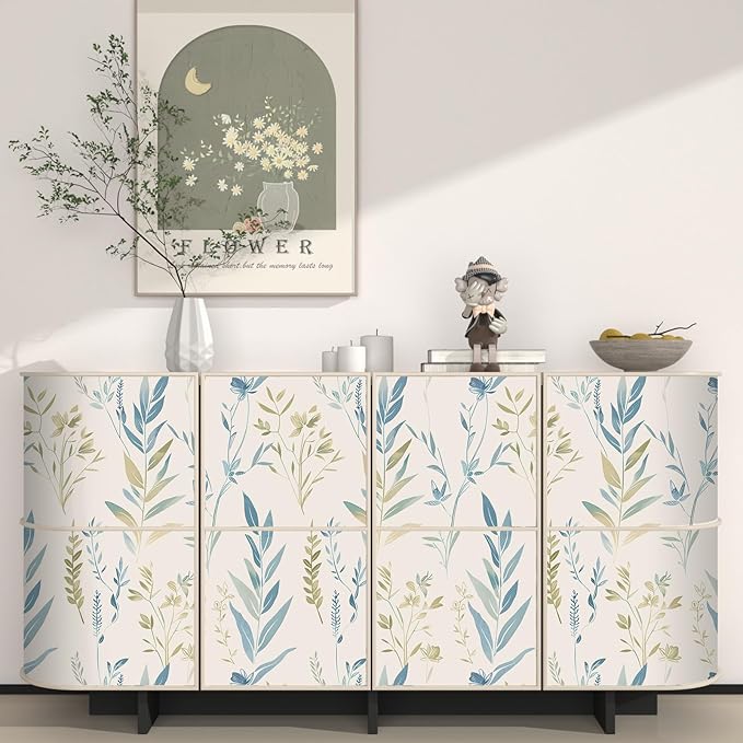 Beige Floral Leaf Peel and Stick Boho Removable Blue Green Botanical Wallpaper 17.5" x 118" Light Mural Waterproof Contact Paper for Walls Bedroom Bathroom Cabinet Room Decor