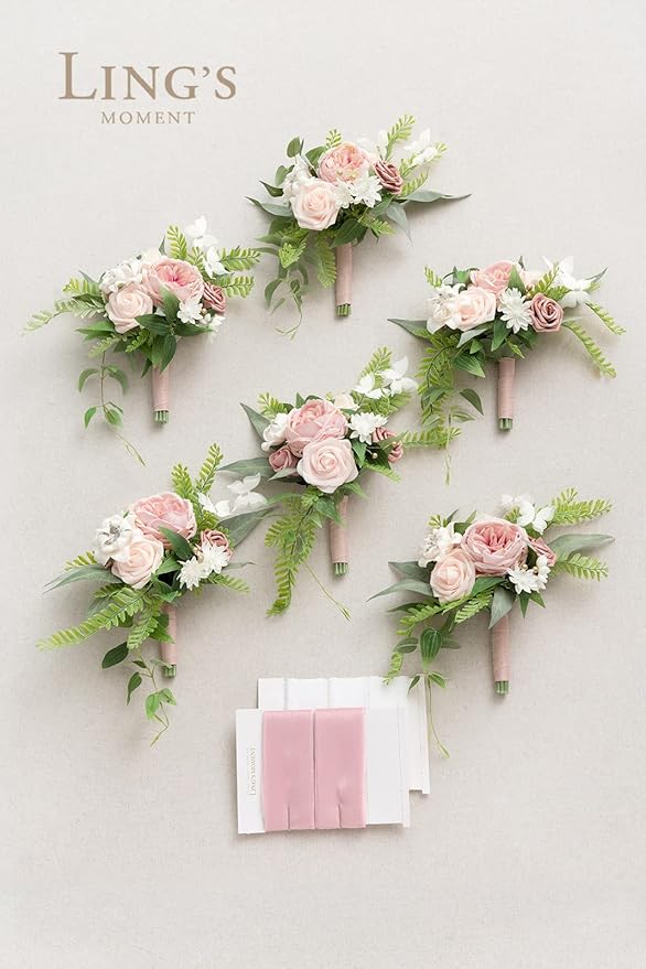 Ling's moment Artificial Flowers Pink Bridesmaid Bouquet Set of 6, Dusty Rose Wedding Flowers Bouquets for Bridesmaids, 7 Inch Bridal Bouquets for Bridesmaids, Wedding, Ceremony, Anniversary, etc