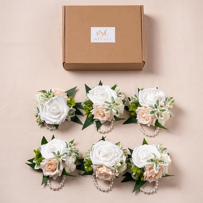 Meldel White Wrist Corsage, Set of 6, Homecoming Wrist Flower Girl/Mother Corsages Wristlet Décor Perfect for Bride Bridesmaids Wedding Guests Hand Flower, Proms, Party, Ceremony Anniversary