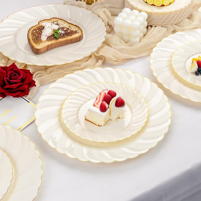 YOUBET 125PCS Scalloped Plastic Plates - Ivory Scalloped Disposable Plates - Gold Plastic Dinnerware Set Include 50 Plates, 75 Gold Silverware for Party & Wedding & Christmas