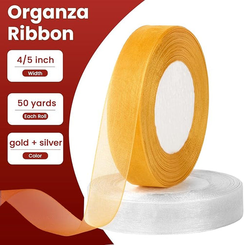 100 Yards Gold & Silver Sheer Organza Ribbons for Bow Making, Gift Wrapping, Christmas Decoration