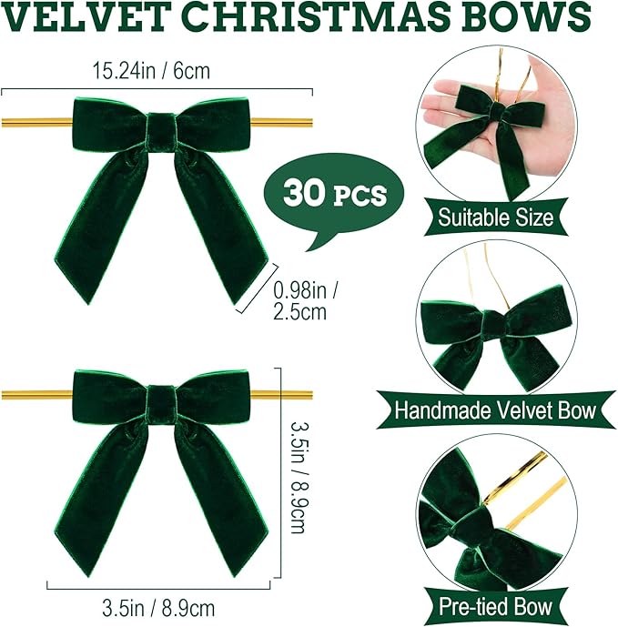 30 Pcs Velvet Ribbon Bows 3.5" x 3.5" Pre Tied Christmas Velvet Bows with Twist Tie for Gift Packaging Christmas Tree Wreaths Door Windows Wedding Party Decoration(Forest Green)