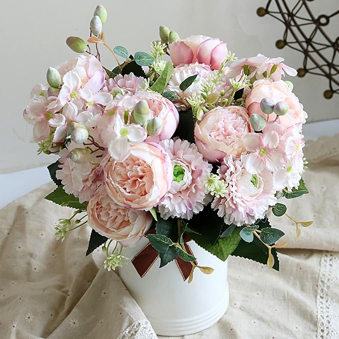 ASTRYAS Artificial Peony Flower 2Pcs Silk Peonies Fake Peony Flowers Floral Arrangements Dining Table Centerpieces for Kitchen Bridal Wedding Party Decor(Light Pink)