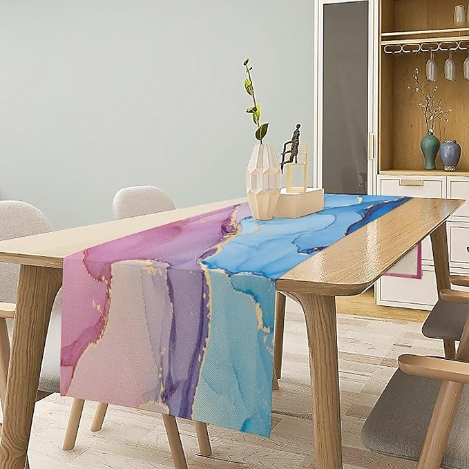 Pink Blue Marble Table Runner Sea Blue Maroon Gold Veins Unique Ombre Abstract Ink Texture Seasonal Dinner Runner Table Decoration for Farmhouse Home Kitchen Dining Holiday Party 13x90in