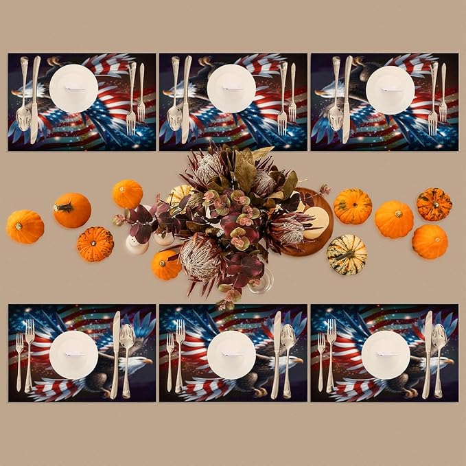 Independence Day Bald Eagles Flag Placemats Set of 1 PVC Vinyl Non Slip Table Mats Waterproof Heat Resistant Place Mats Washable Wipeable Dining Table Mat for Kitchen Party Indoor Outdoor Decorative