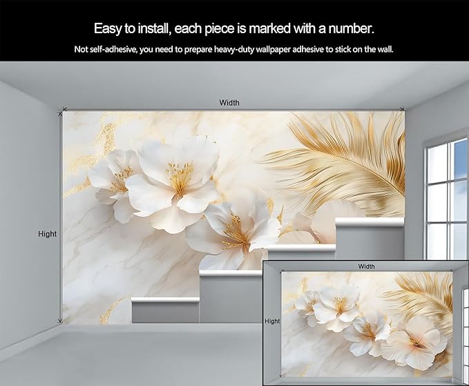 White Flowers Marble Wall Mural, Luxury Floral 3D Wall Murals, Elegant Gold Leaf Design Wallpaper Mural, for Living Room Bedroom Large Wallpaper Indoor Decor 59" W x39.4 H