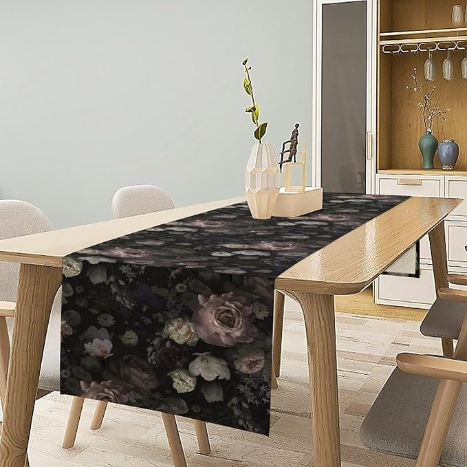 Gothic Floral Table Runner,Vintage Black Pink Rose Print Table Runner for Home Kitchen Table Dining Indoor Outdoor Party Decor 13x90 Inch