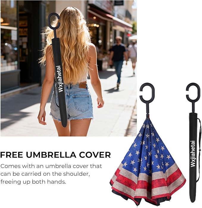 Inverted Umbrella, 49 Inch Double-Layer Vented Reverse Umbrella, Windproof Waterproof UV Protection, Lightweight C-Handle, Fiberglass Ribs, Steel Shaft, Travel/Commute/Car Use, With Sleeve