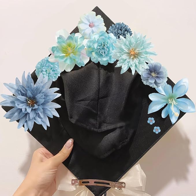 Artificial Flowers Heads Combo Blue Flowers Mix Silk Flowers Heads Bulk Faux Rose for Craft Garland Graduation Cap Wedding Bridal Baby Shower Home Party Decoration DIY Cake Decor